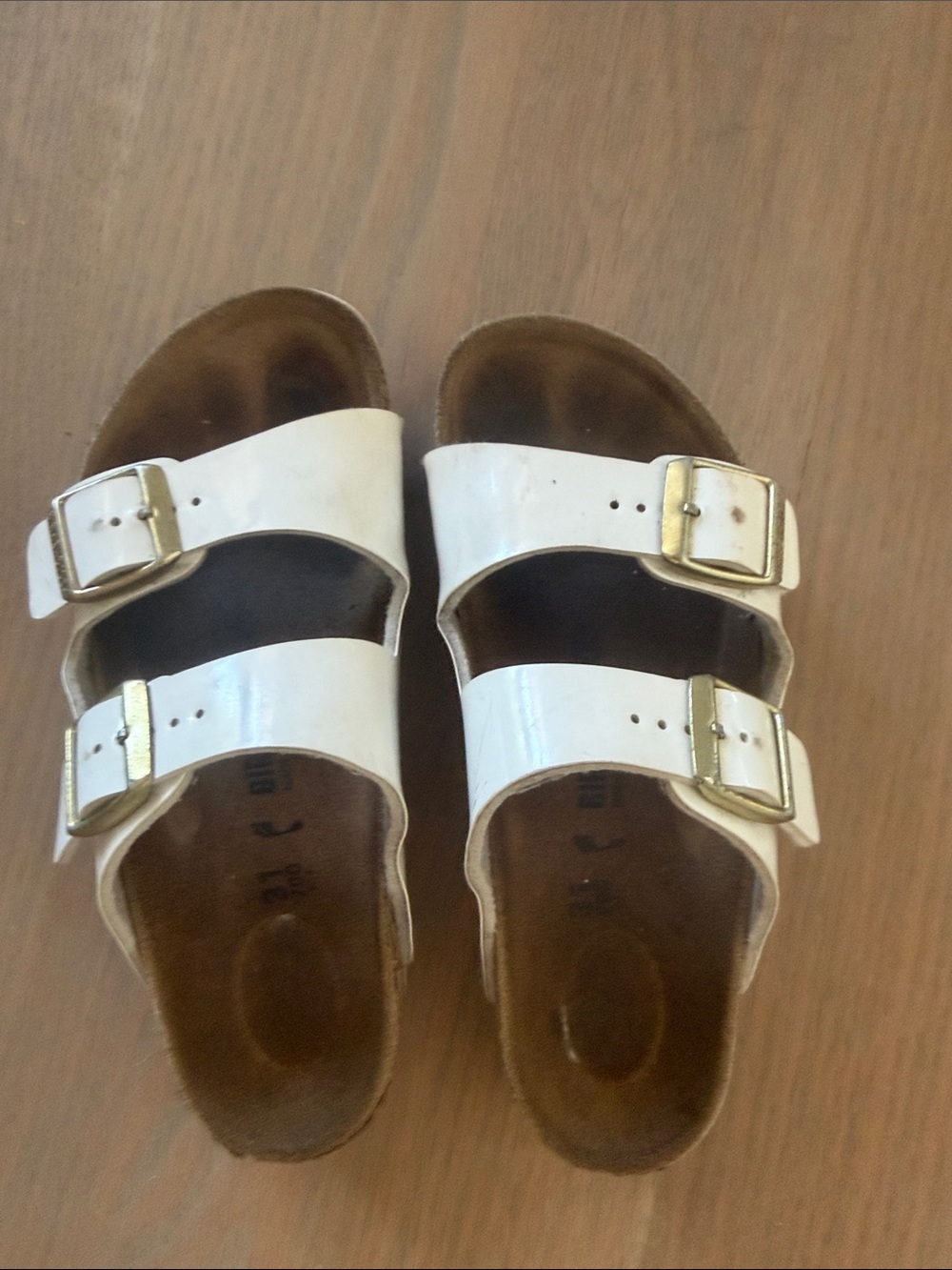 Birkenstock White Double-Buckle Kids Slide Sandals with Gold Buckles